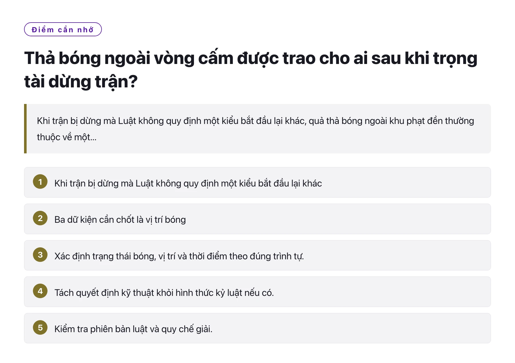 Thả bóng ngoài vòng cấm được trao cho ai sau khi trọng tài dừng trận?——全文要点速览